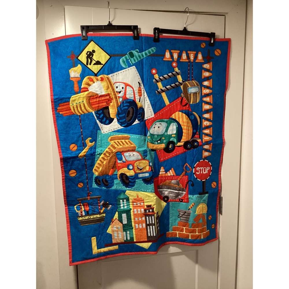 Handmade Under Construction Baby Quilt Trucks Dump Truck Blue Red 34x41